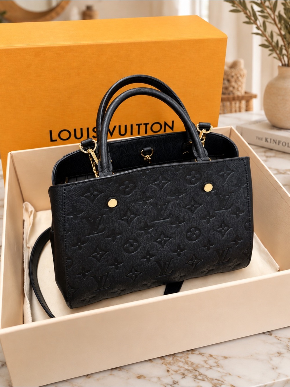 Louis Vuitton Black Embossed Monogram Satchel with Gold Accents